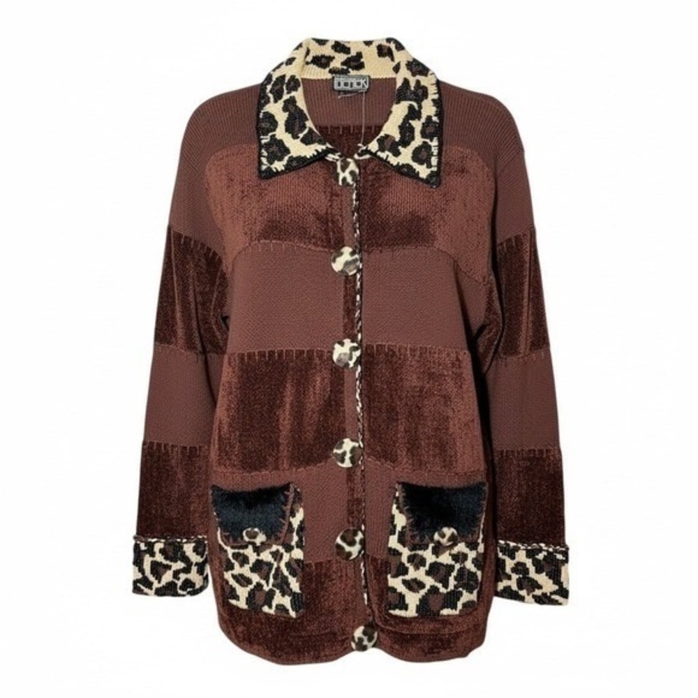 Berek Cardigan Womens L Leopard Print Button Up Art To Wear Statement Jacket - Picture 2 of 16